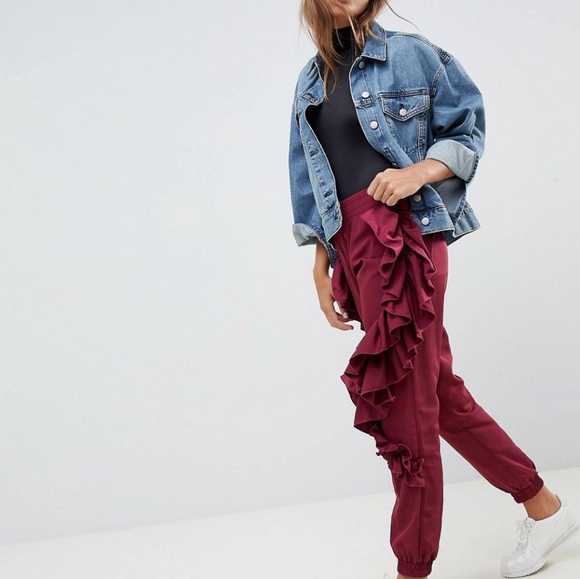 ASOS Design Ruffle Sweatpants in Burgundy Women's Us Size 4 NWT - Picture 5 of 16